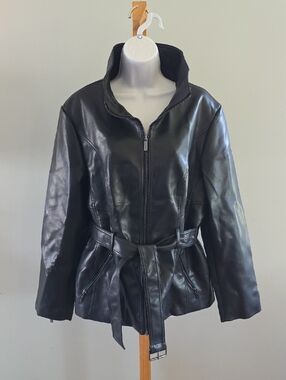 NWOT Kenneth Cole Black Faux Leather Belted Moto Jacket